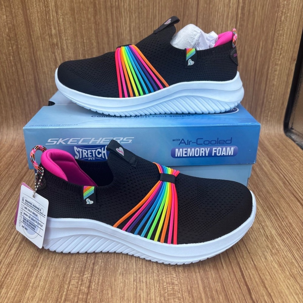 New Skechers Ultra Flex 3.0 Kids Size 2 Black Rainbow Speed Slip-On Sneakers